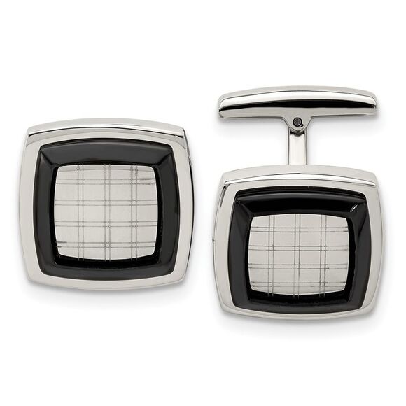 Stainless Steel & Black Plated Polished & Etched Cuff Links 19mm